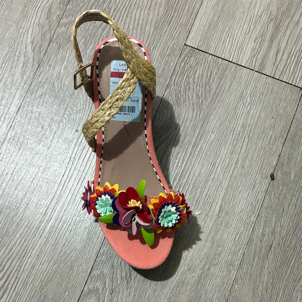 Betsey Johnson Coral Floral Appliqué Braided Ankle Strap Sandal